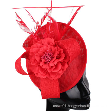 Small Saucer Sinamay Red Colour Fascinator With Flower On Headband Wedding Derby Ascot Races For Ladies